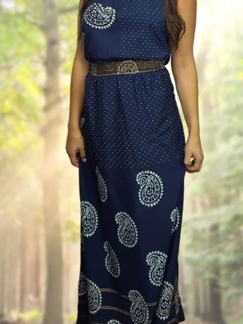 Navy Paisley Print Maxi Dress with Embellished Waist